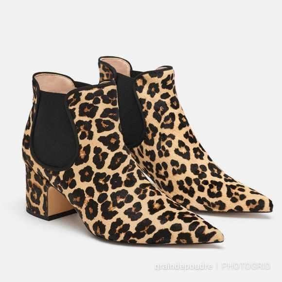 Rare! Zara Leopard Pony Hair Fur Leather Pointy Toe Chelsea Block